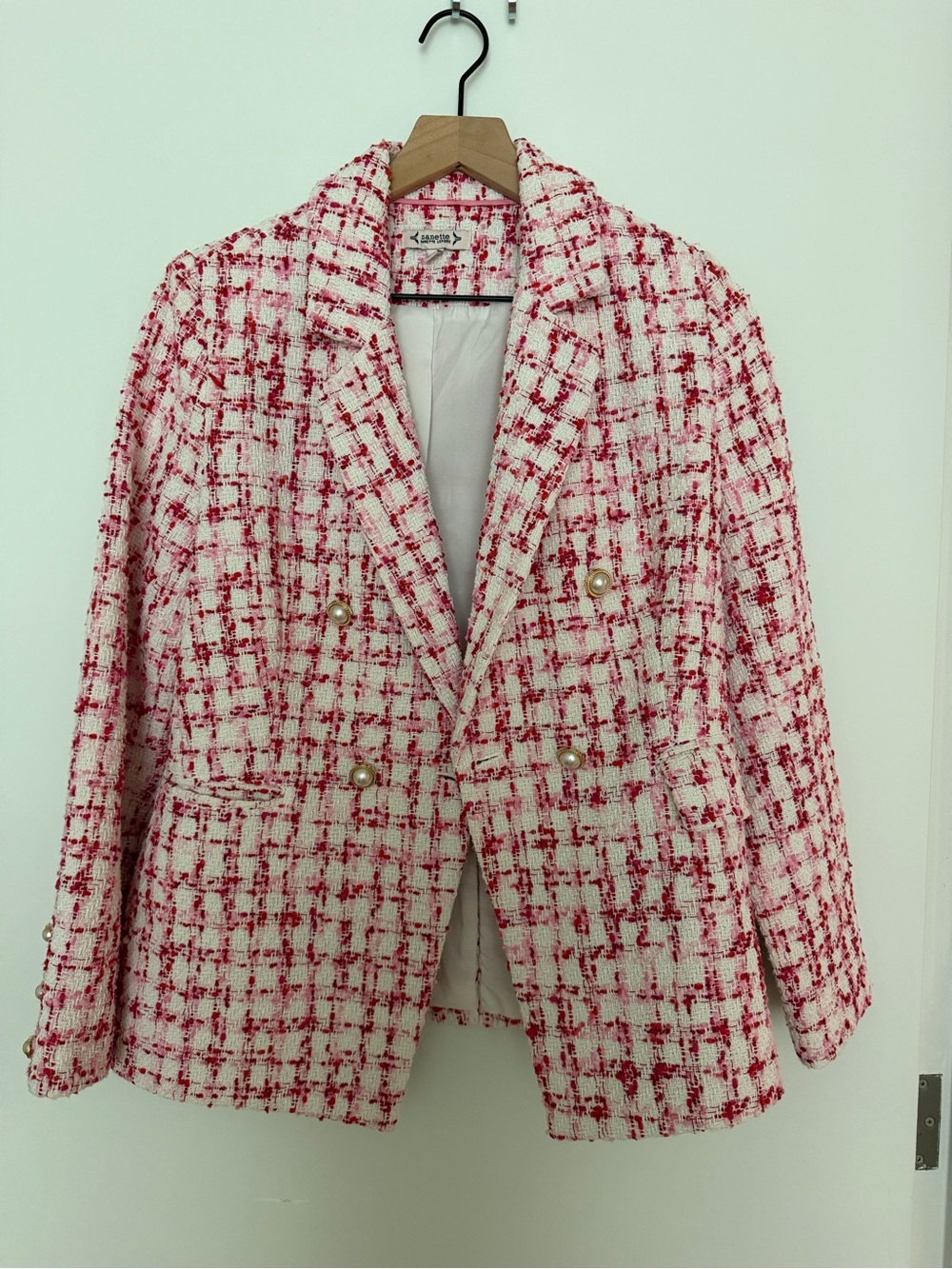 Nanette Lepore Pink & White Tweed Pearl-Button Blazer
